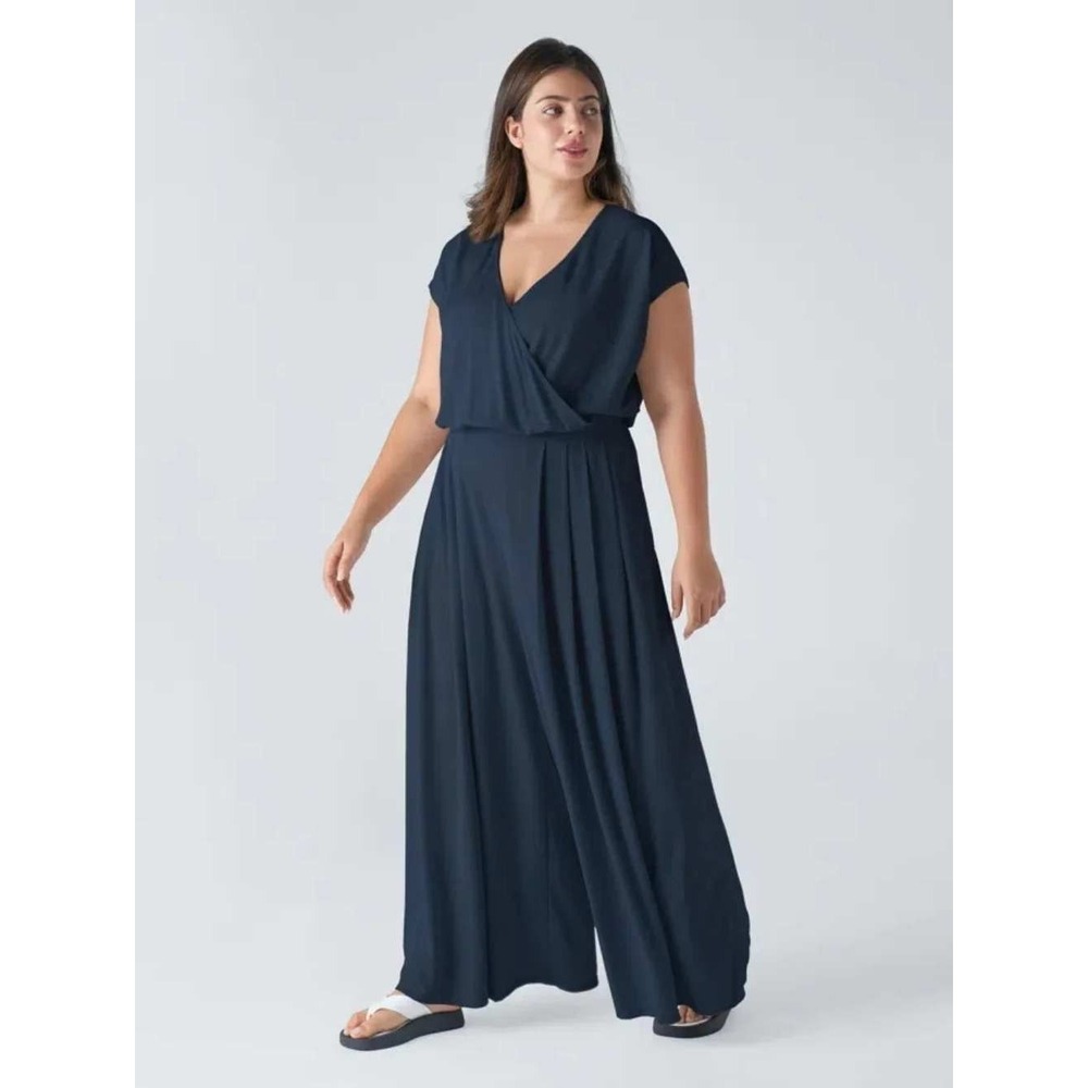 Halara Navy Blue Waffle Knit Wrap Front Wide Leg Jumpsuit Tall XL Pockets plus